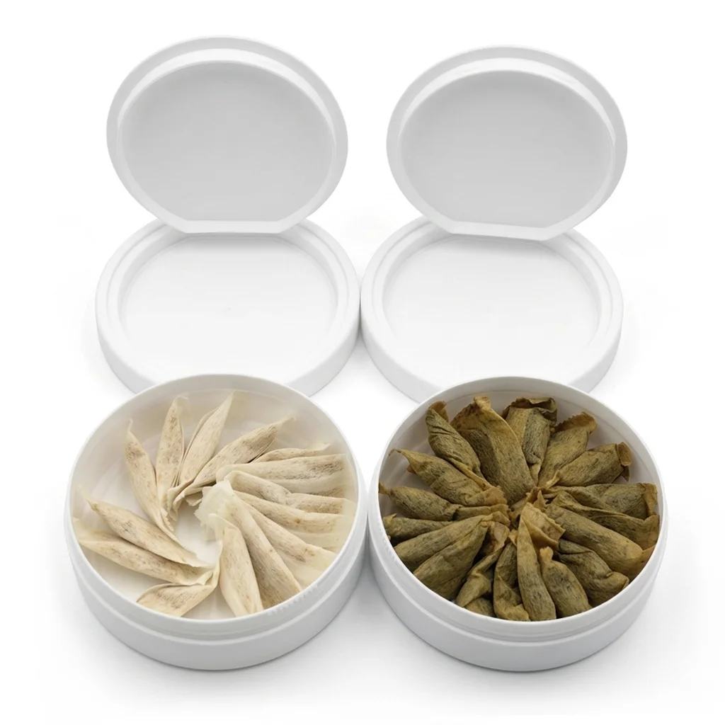 Custom labeled snus cans with specialty closures